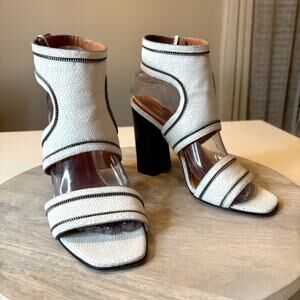 Rebecca Minkoff White Textured Leather Slingback Block Heel Sandals US Sz 7.5 M